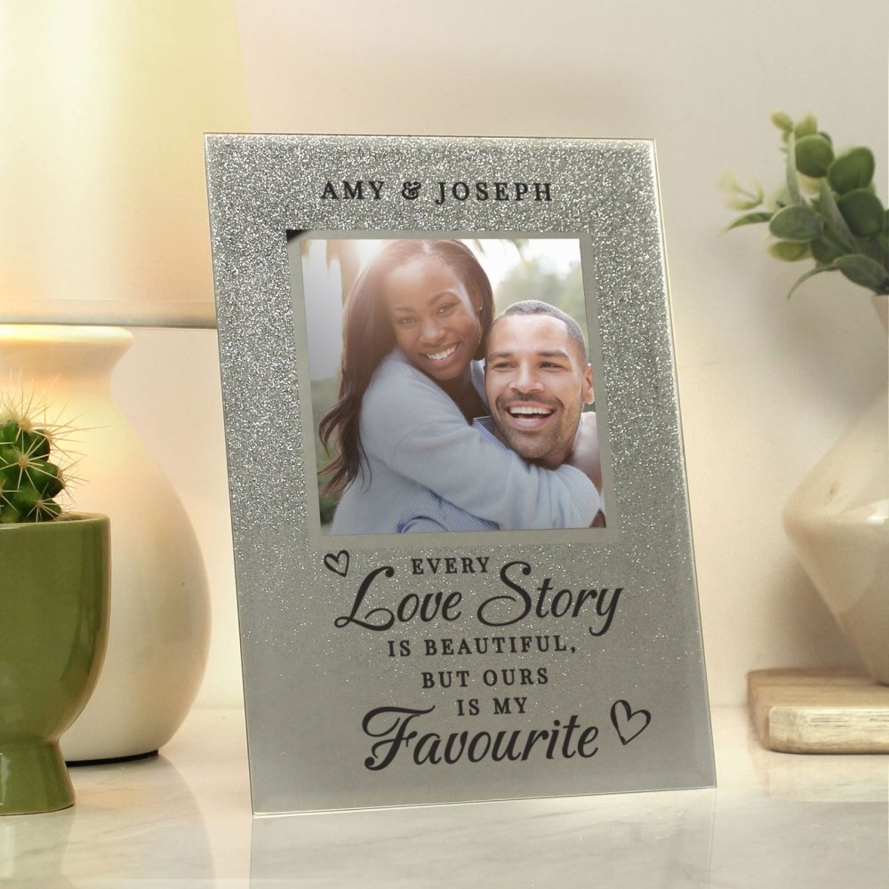 Personalised Every Love Story Is Beautiful 4x4 Inch Glitter Glass Photo Frame