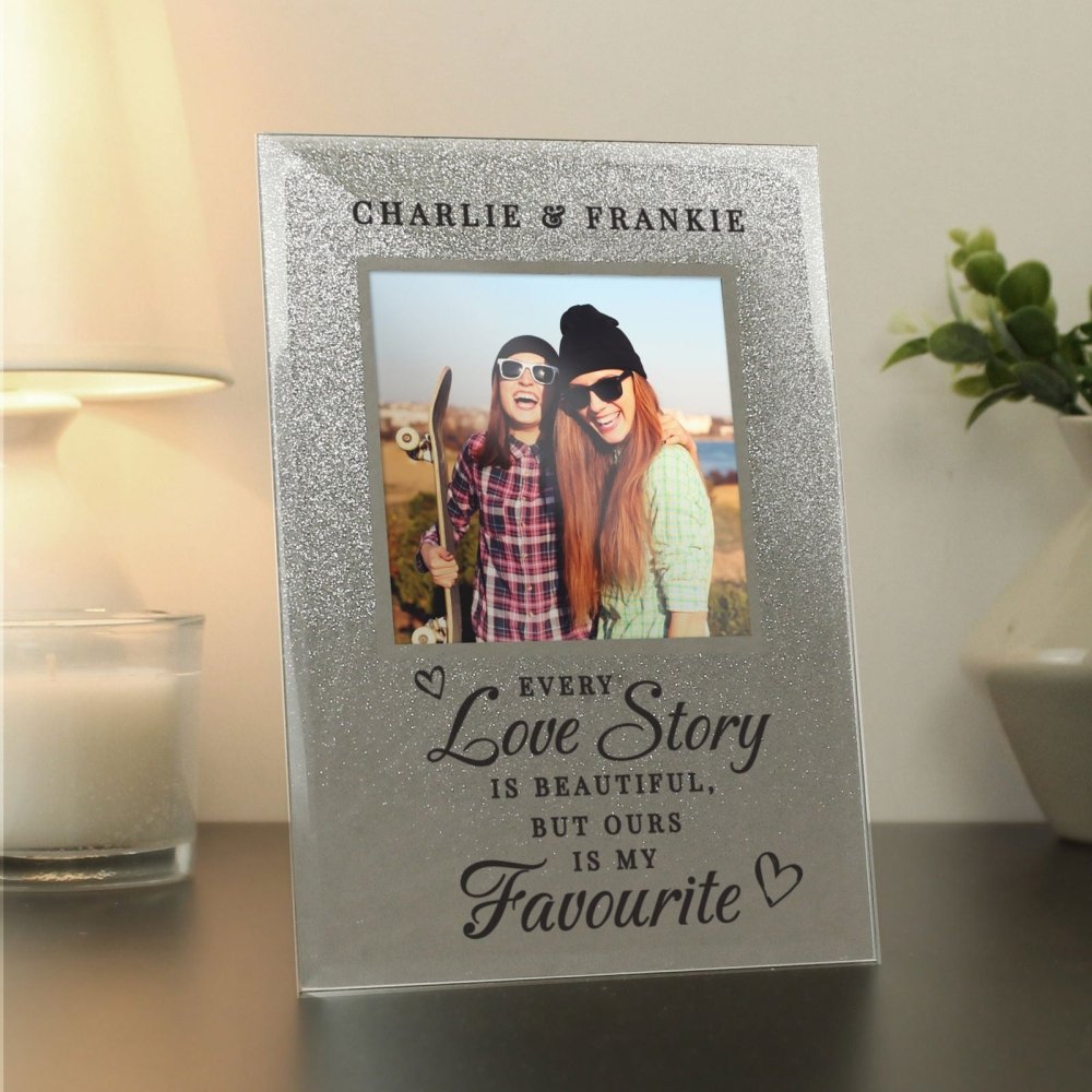 Personalised Every Love Story Is Beautiful 4x4 Inch Glitter Glass Photo Frame