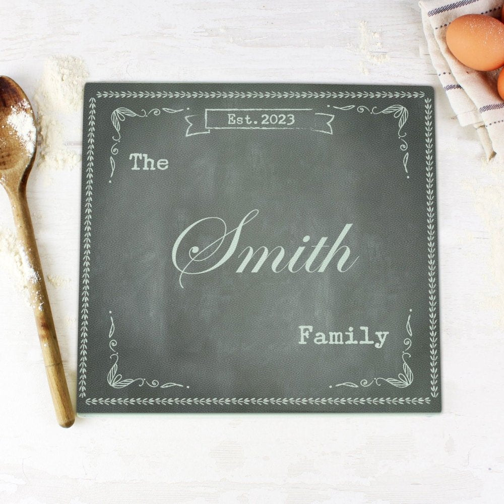 Personalised Family Chalk Glass Chopping Board/Workshop Saver