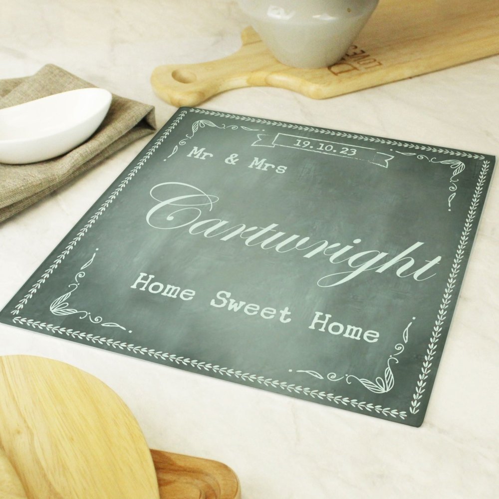 Personalised Family Chalk Glass Chopping Board/Workshop Saver