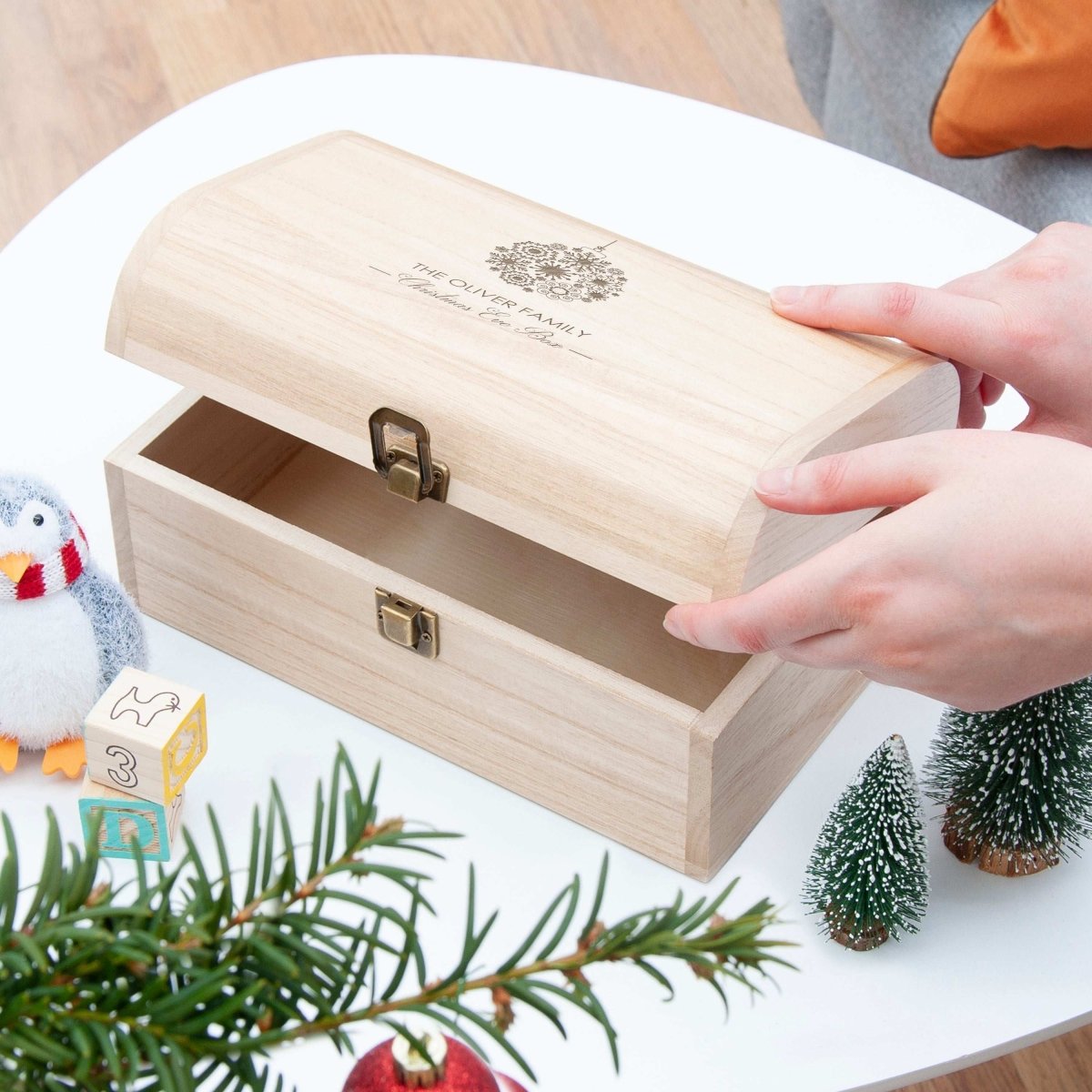 Personalised Family Christmas Eve Chest With Decorative Bauble Design