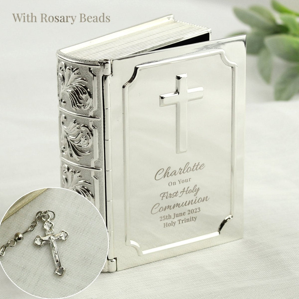 Personalised First Holy Communion Bible Trinket Box With Rosary Beads