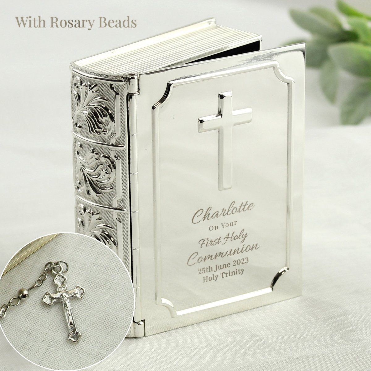 Personalised First Holy Communion Bible Trinket Box With Rosary Beads