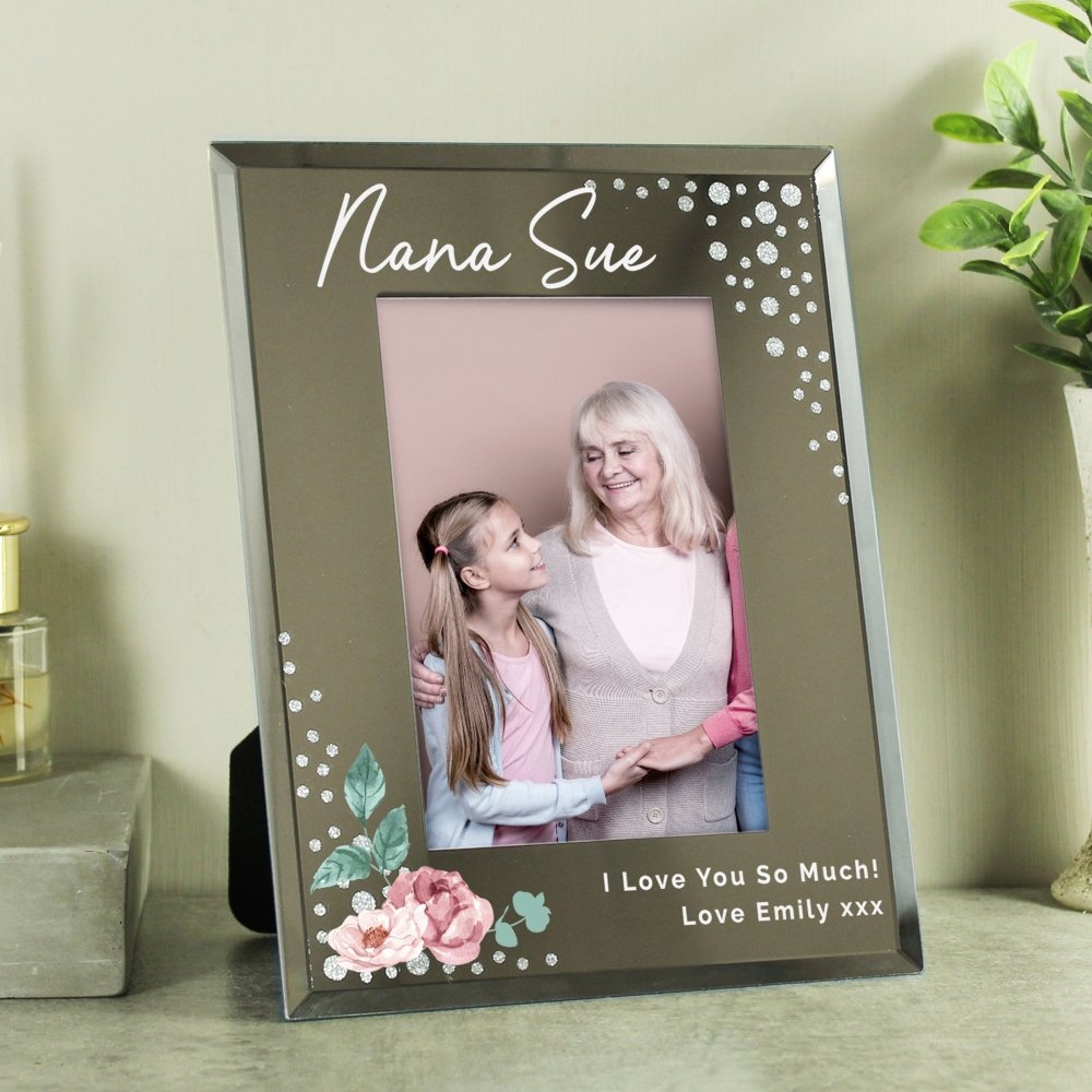 Personalised Floral 6x4 Inch Diamante Glass Photo Frame