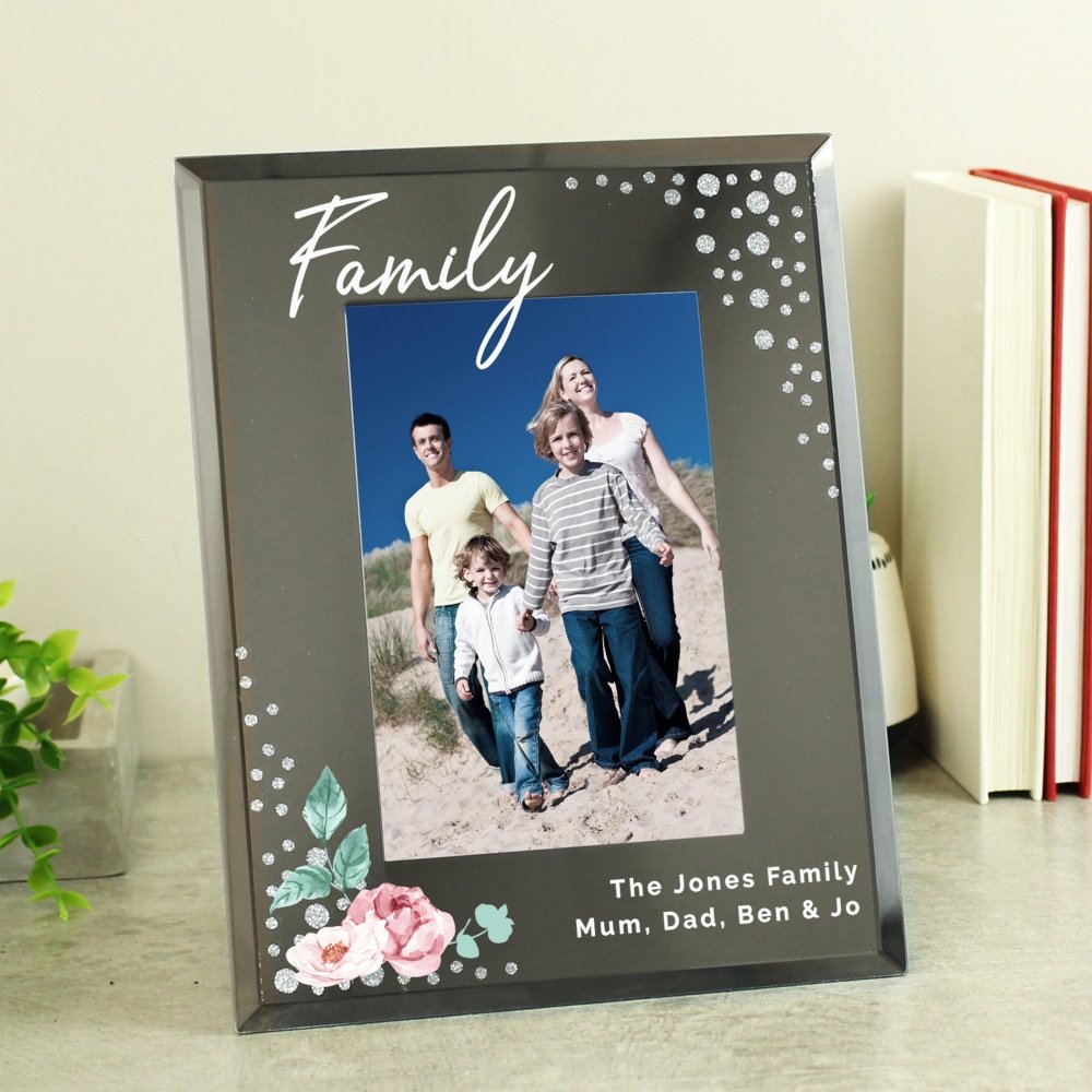 Personalised Floral 6x4 Inch Diamante Glass Photo Frame