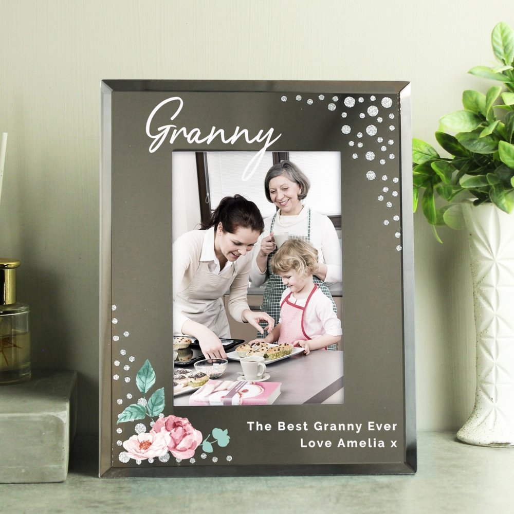 Personalised Floral 6x4 Inch Diamante Glass Photo Frame