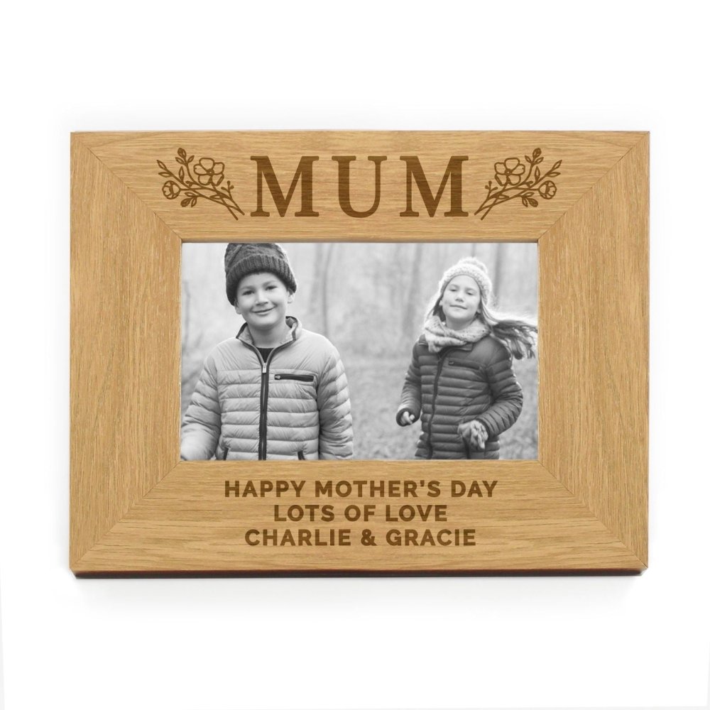 Personalised Floral Mum 4x6 Inch Oak Finish Photo Frame