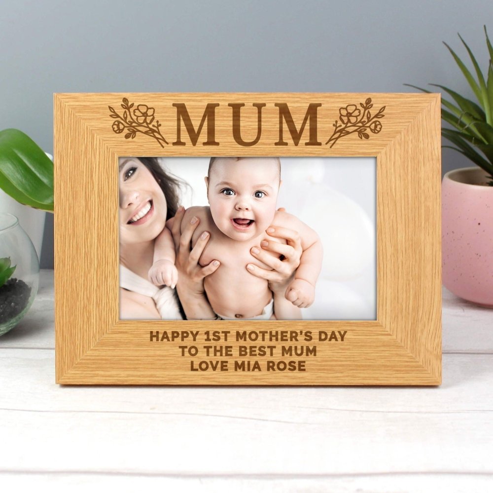 Personalised Floral Mum 4x6 Inch Oak Finish Photo Frame
