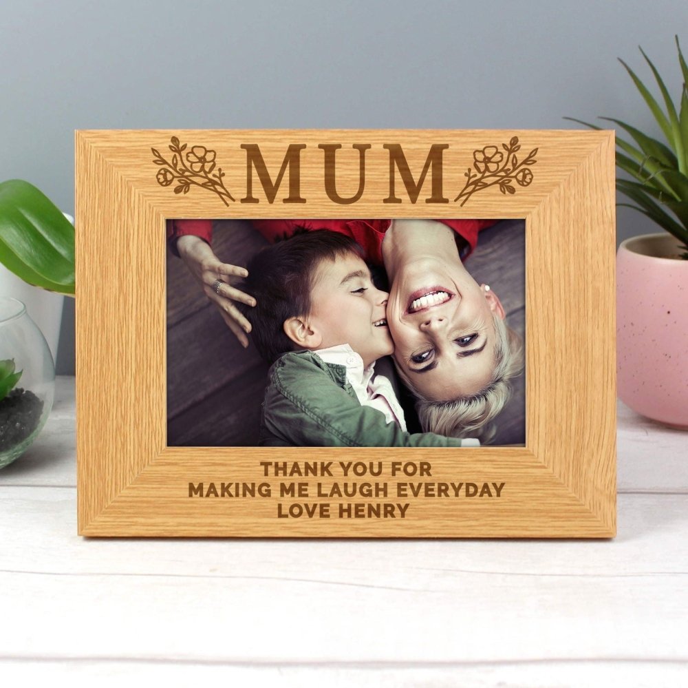 Personalised Floral Mum 4x6 Inch Oak Finish Photo Frame