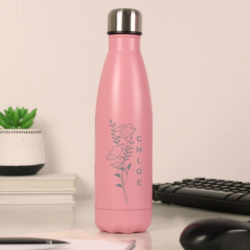 Personalised Floral Pink Metal Insulated Drinks Bottle
