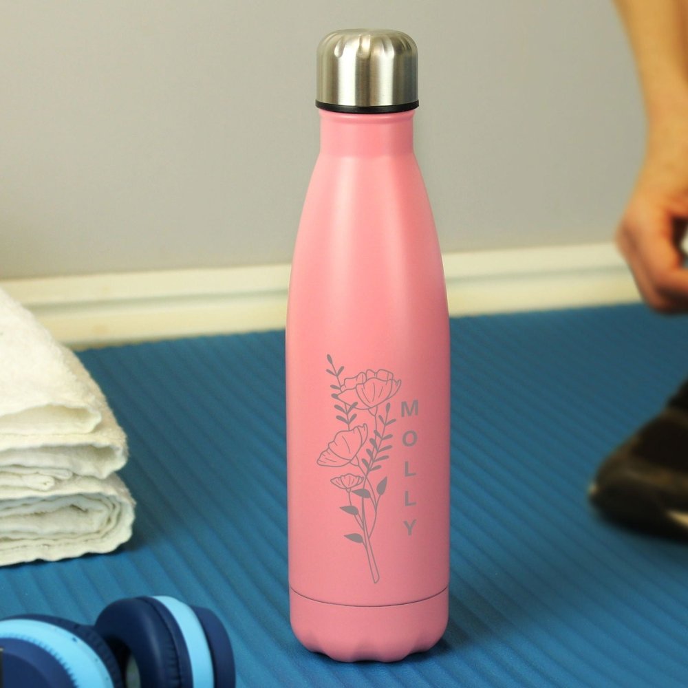 Personalised Floral Pink Metal Insulated Drinks Bottle