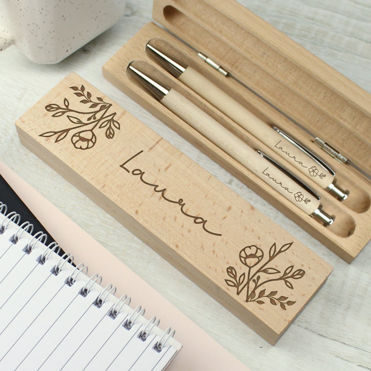 Personalised Floral Wooden Pen And Pencil Set