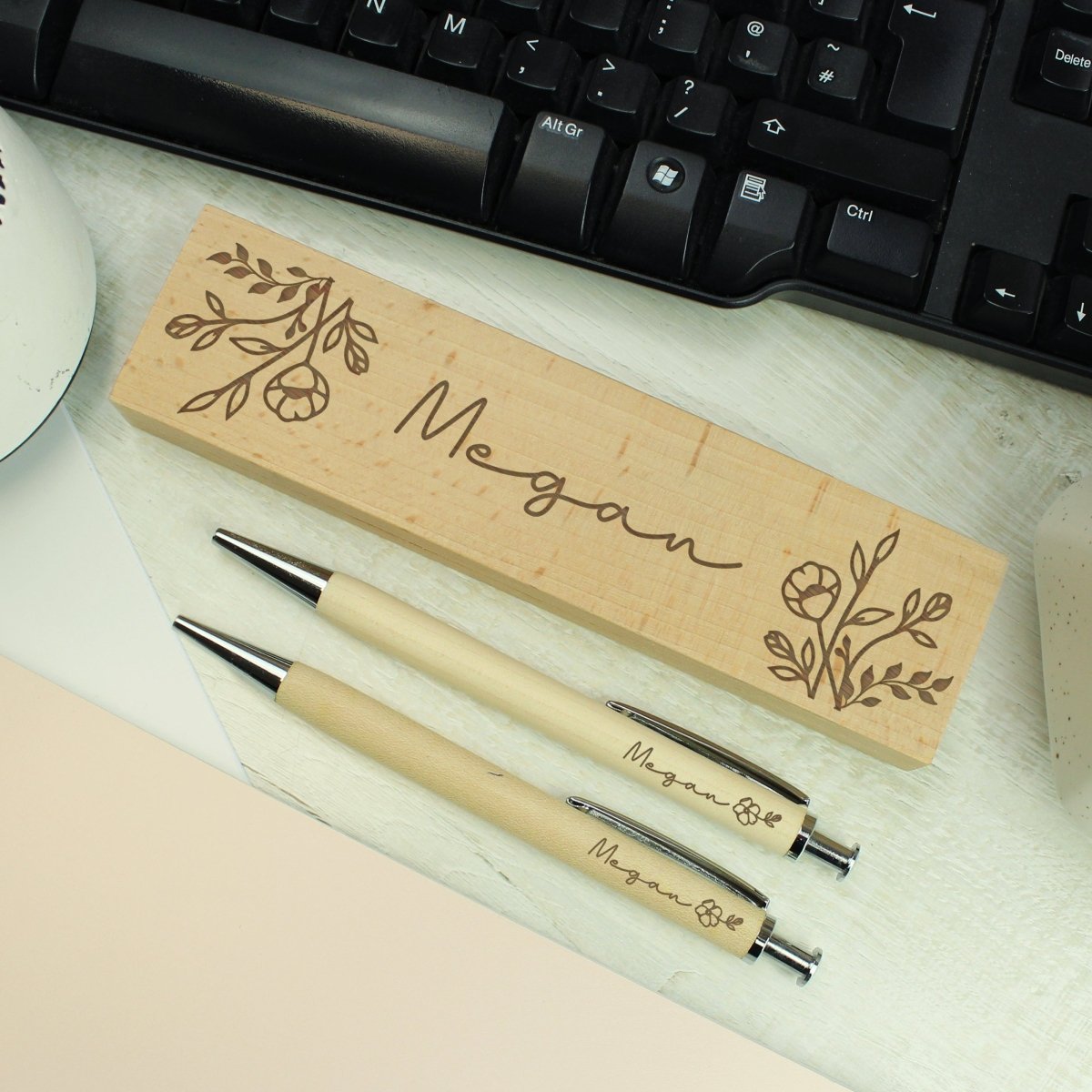 Personalised Floral Wooden Pen And Pencil Set