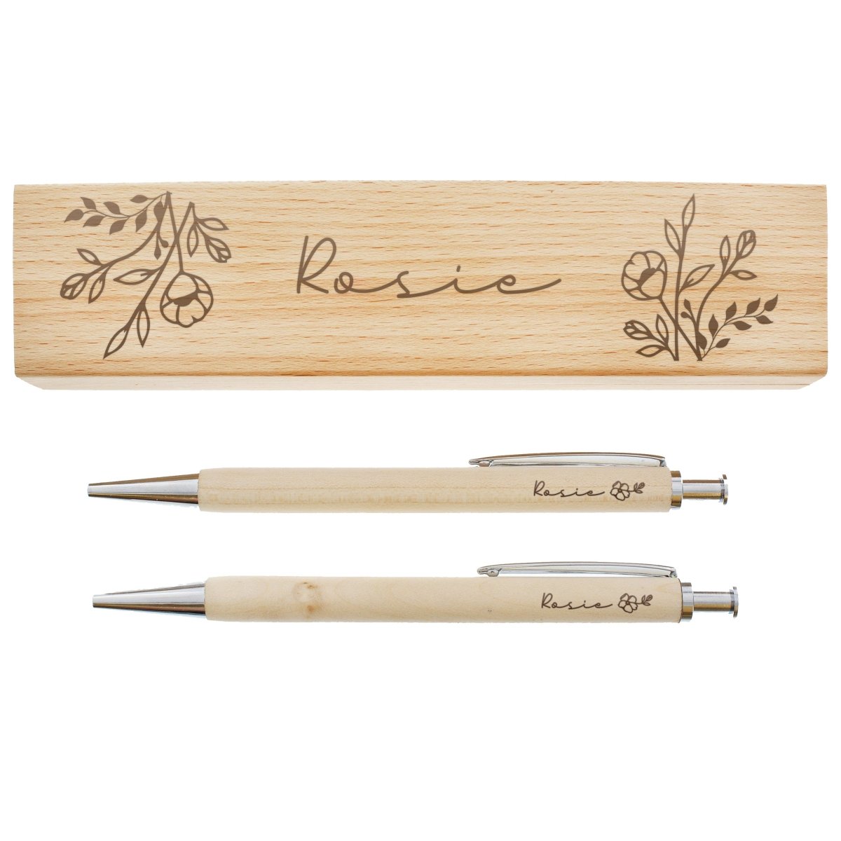 Personalised Floral Wooden Pen And Pencil Set