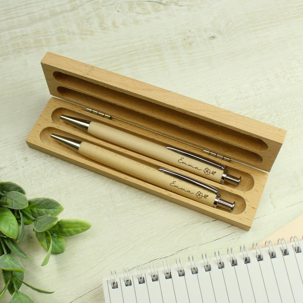 Personalised Floral Wooden Pen And Pencil Set