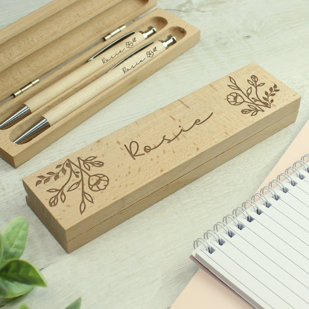 Personalised Floral Wooden Pen And Pencil Set