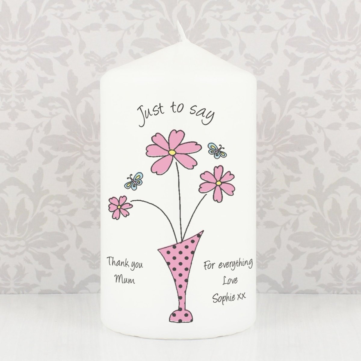 Personalised Flower In Vase Message Pillar Candle