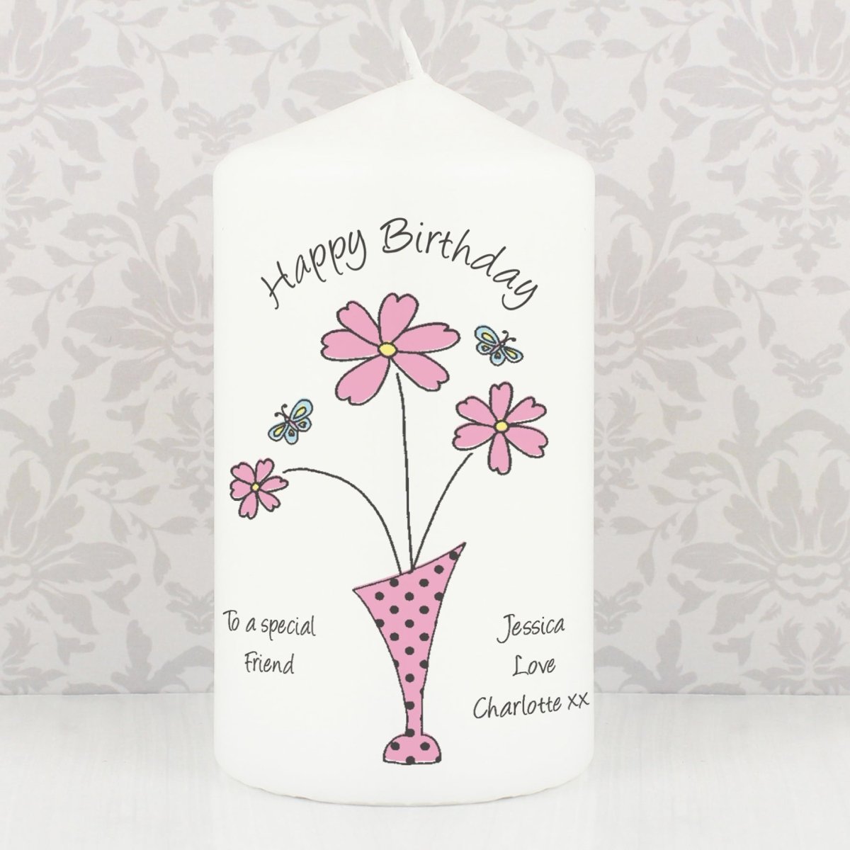 Personalised Flower In Vase Message Pillar Candle