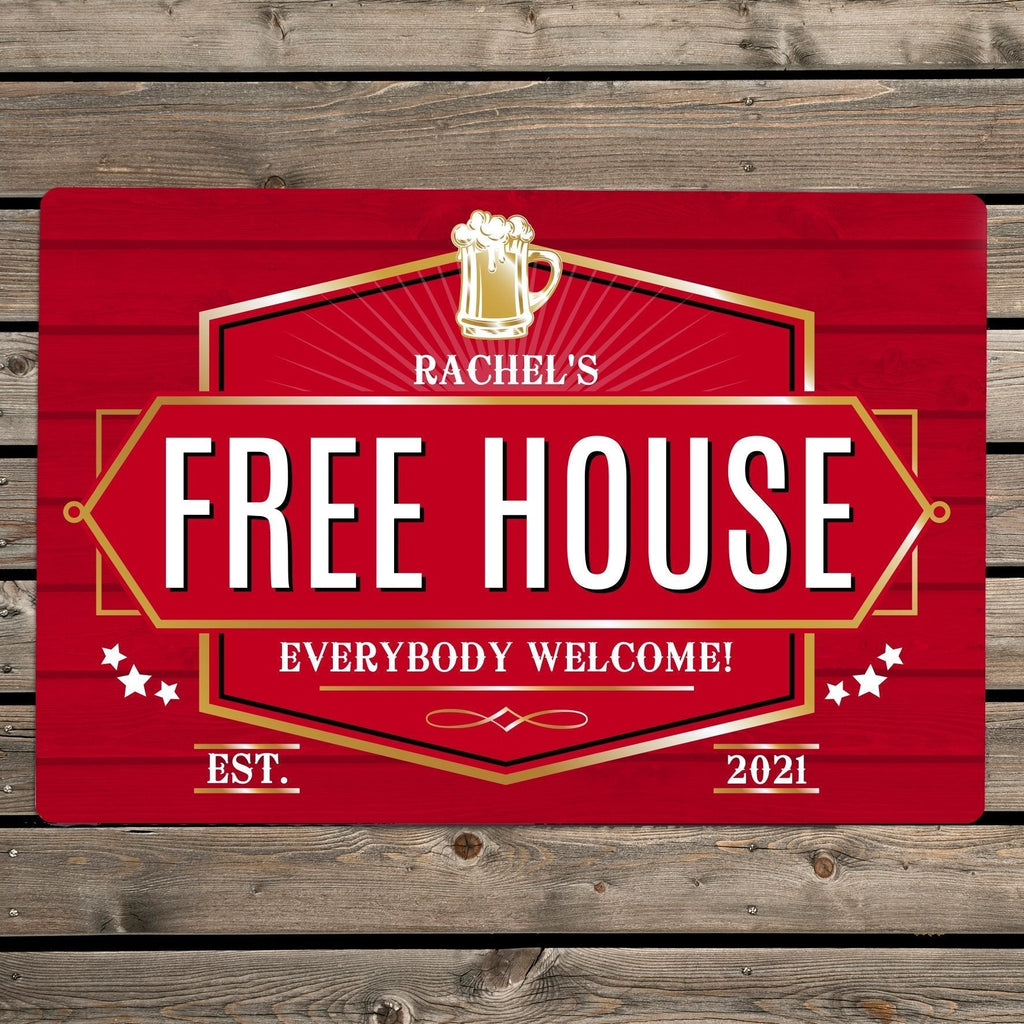 Personalised Free House Red Metal Sign