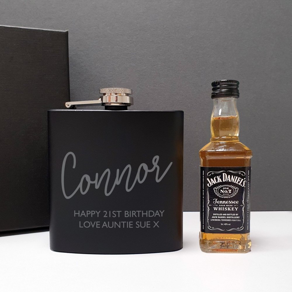 Personalised Free Text Hipflask And Whiskey Miniature Set