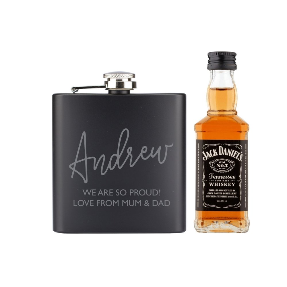 Personalised Free Text Hipflask And Whiskey Miniature Set
