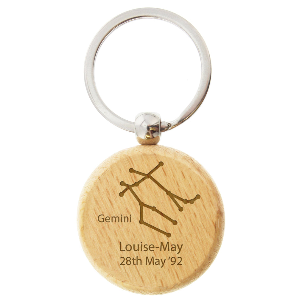 Personalised Gemini Zodiac Star Sign Wooden Keyring (May 21st - June 20th)