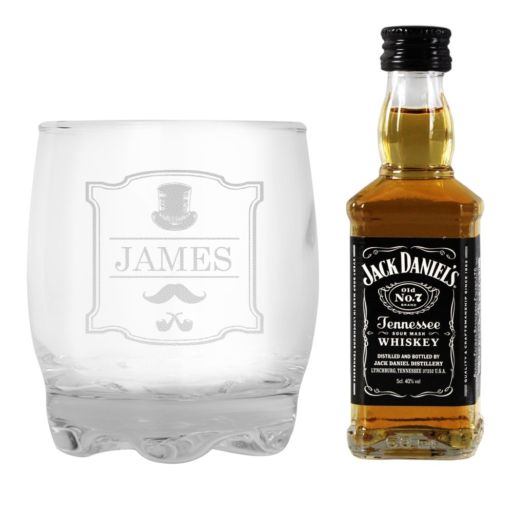 Personalised Gentlemans Glass Tumbler And Jack Daniels Whiskey Miniature Set