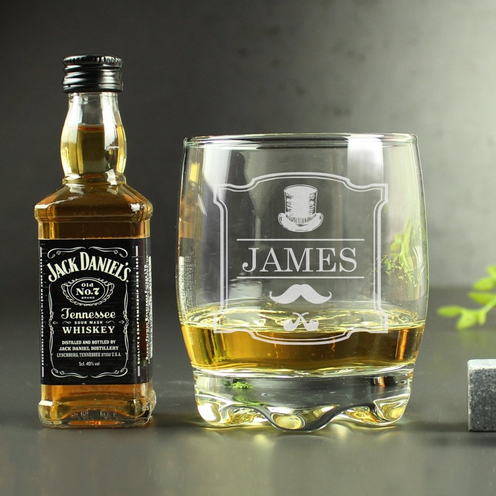 Personalised Gentlemans Glass Tumbler And Jack Daniels Whiskey Miniature Set