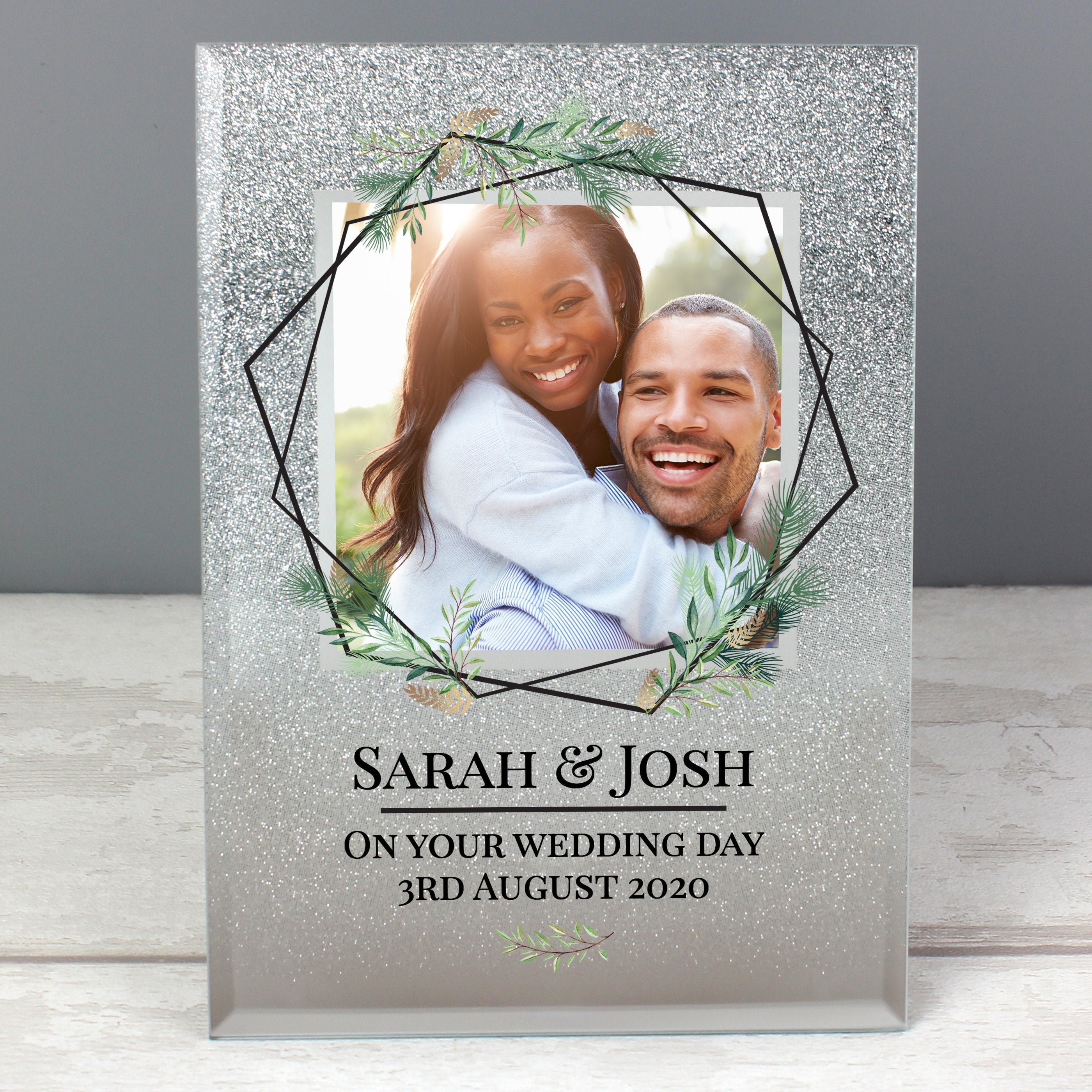 Personalised Geo Leaves 4x4 Inch Glitter Glass Photo Frame