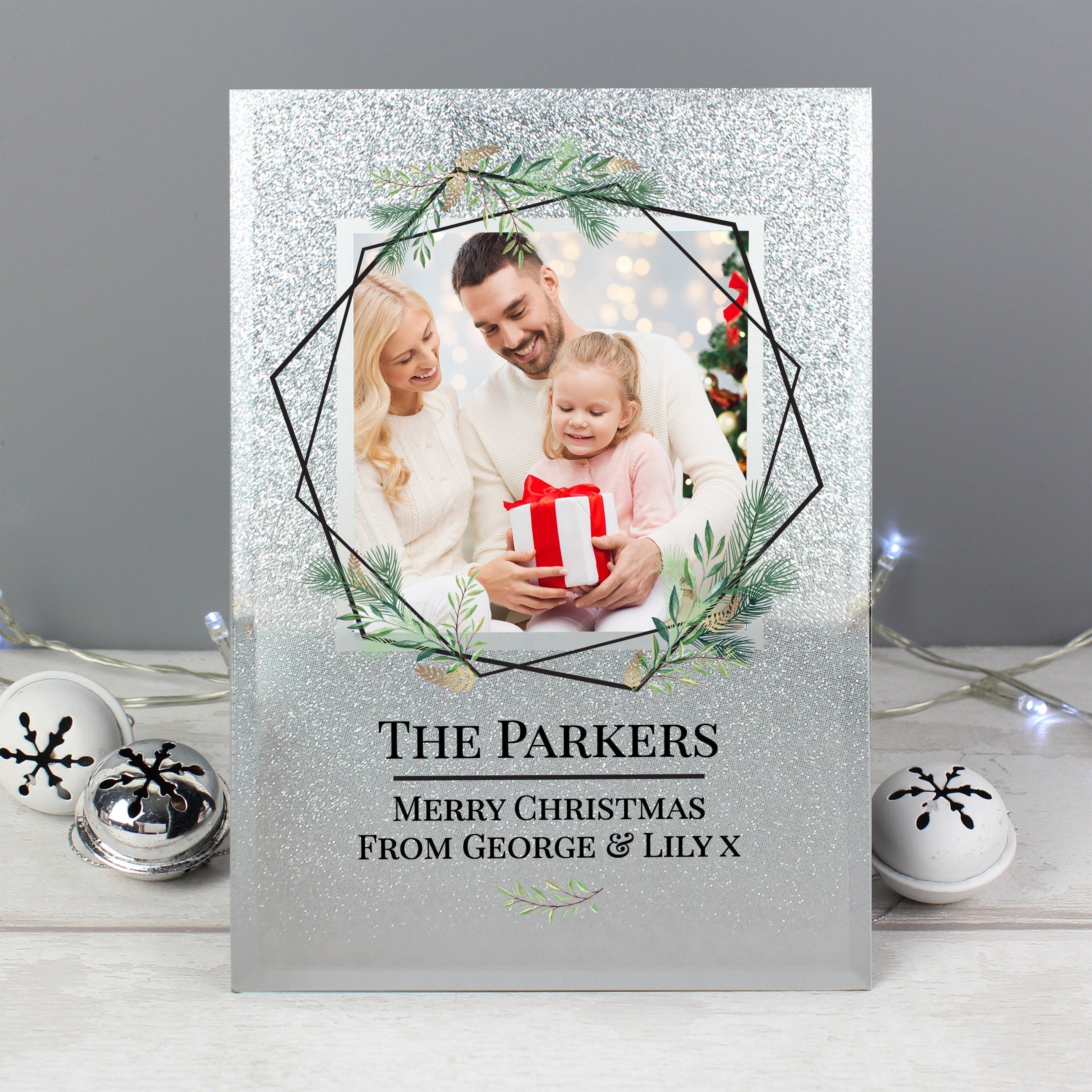 Personalised Geo Leaves 4x4 Inch Glitter Glass Photo Frame