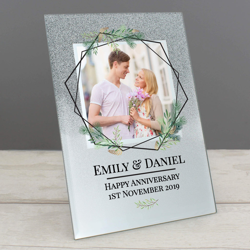 Personalised Geo Leaves 4x4 Inch Glitter Glass Photo Frame
