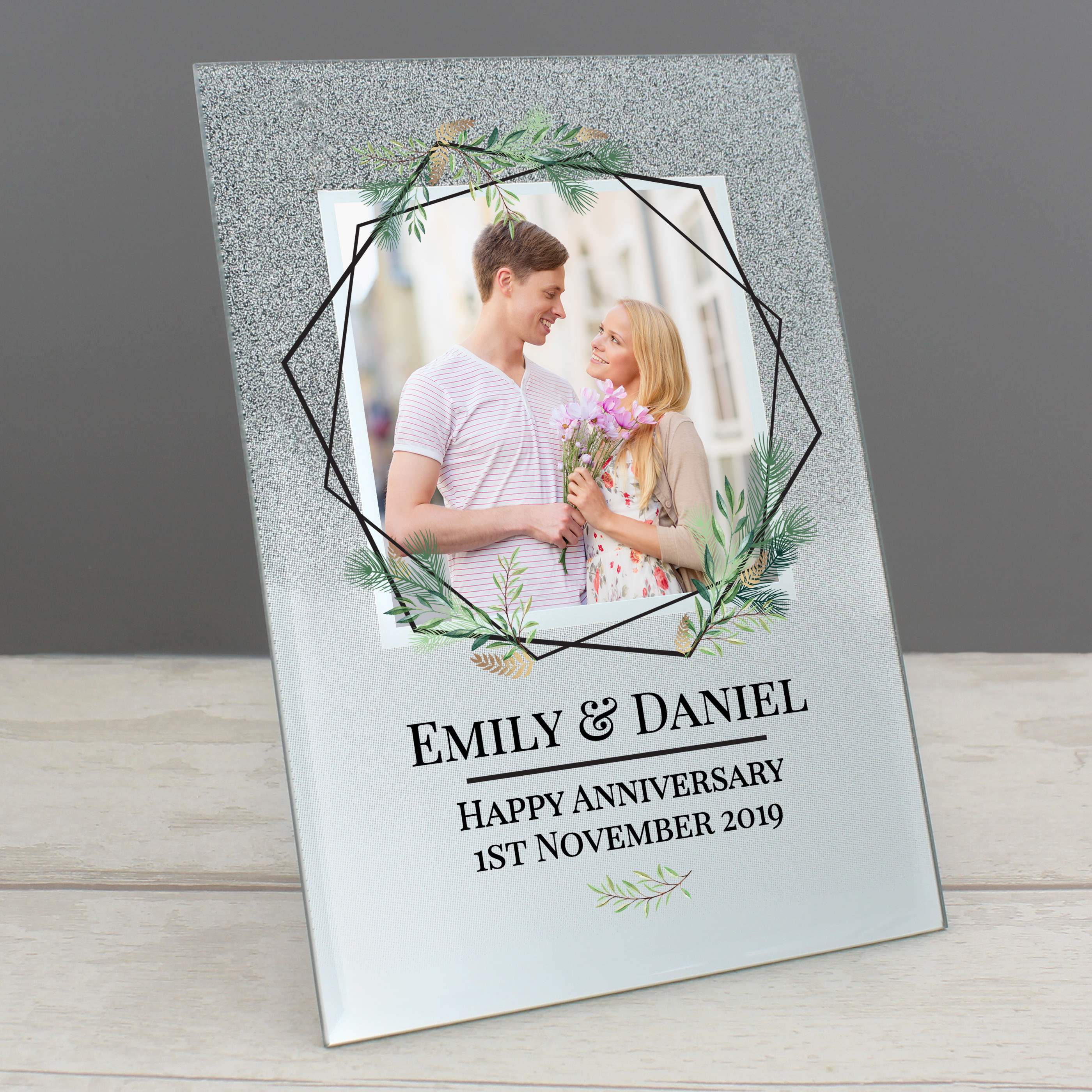 Personalised Geo Leaves 4x4 Inch Glitter Glass Photo Frame