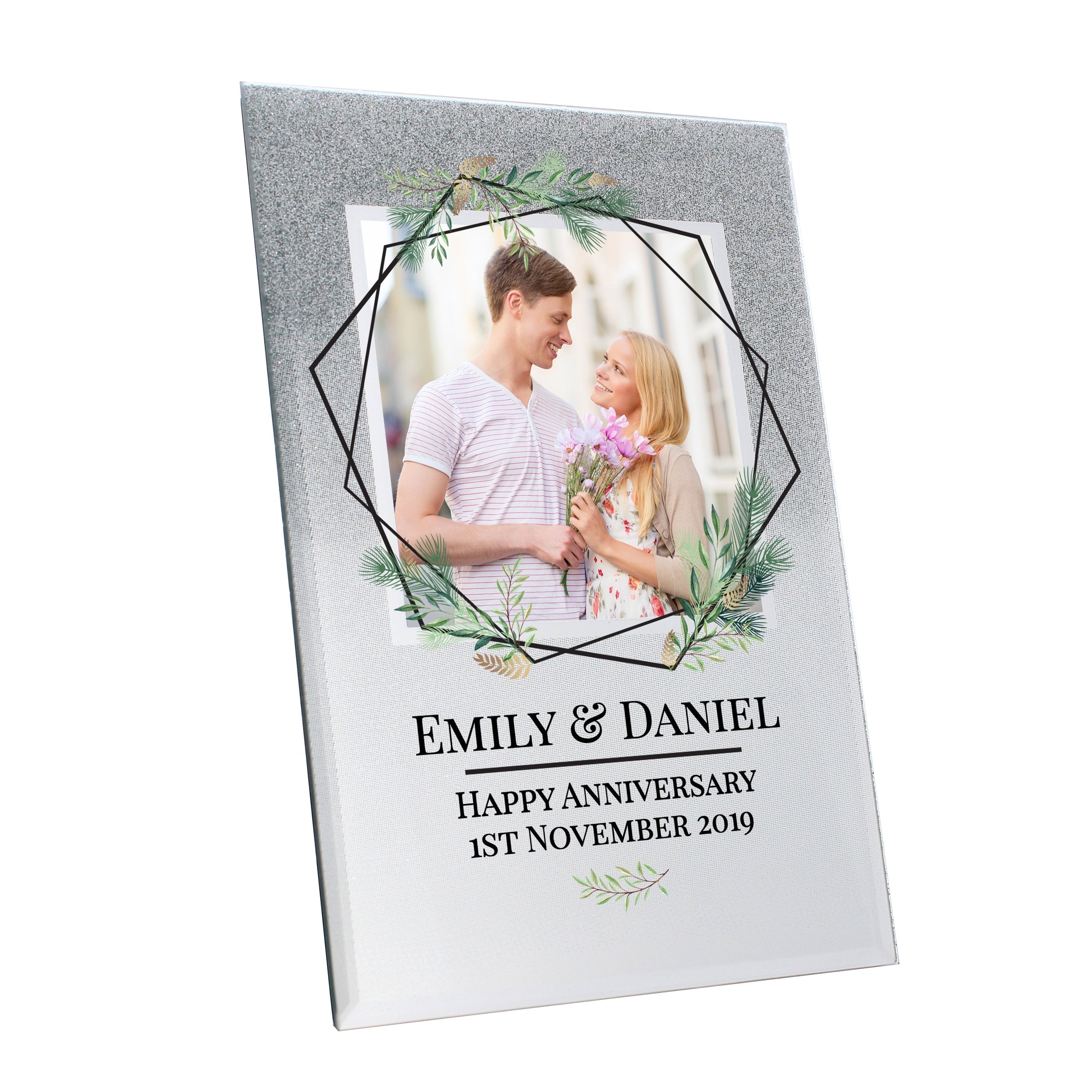 Personalised Geo Leaves 4x4 Inch Glitter Glass Photo Frame