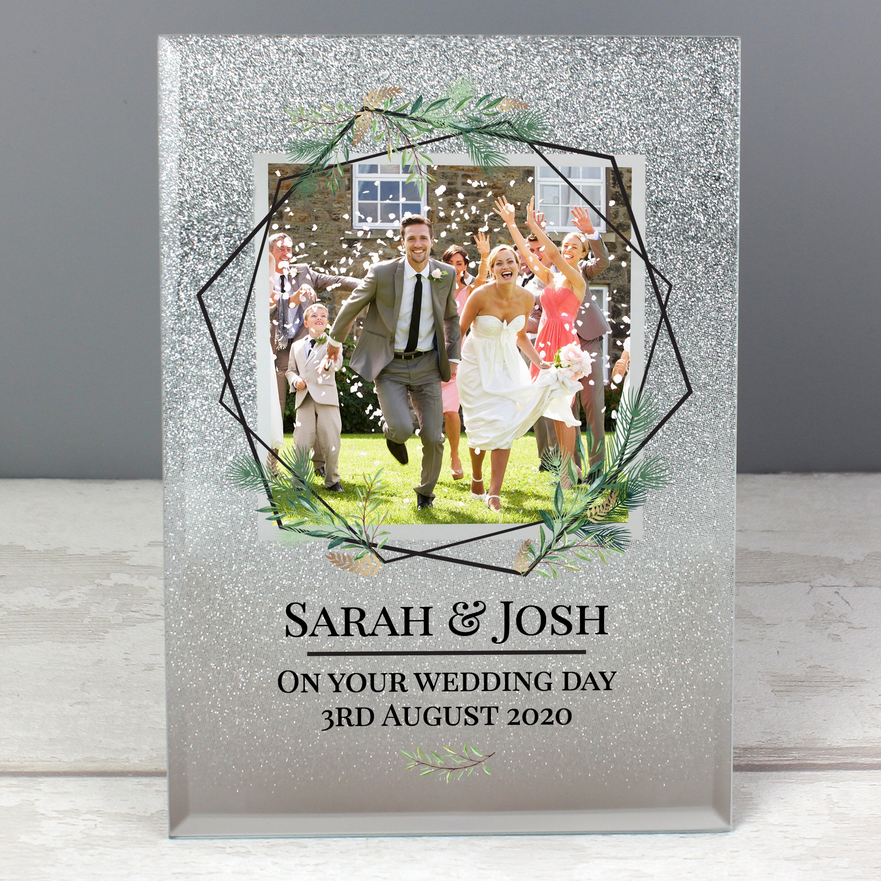 Personalised Geo Leaves 4x4 Inch Glitter Glass Photo Frame