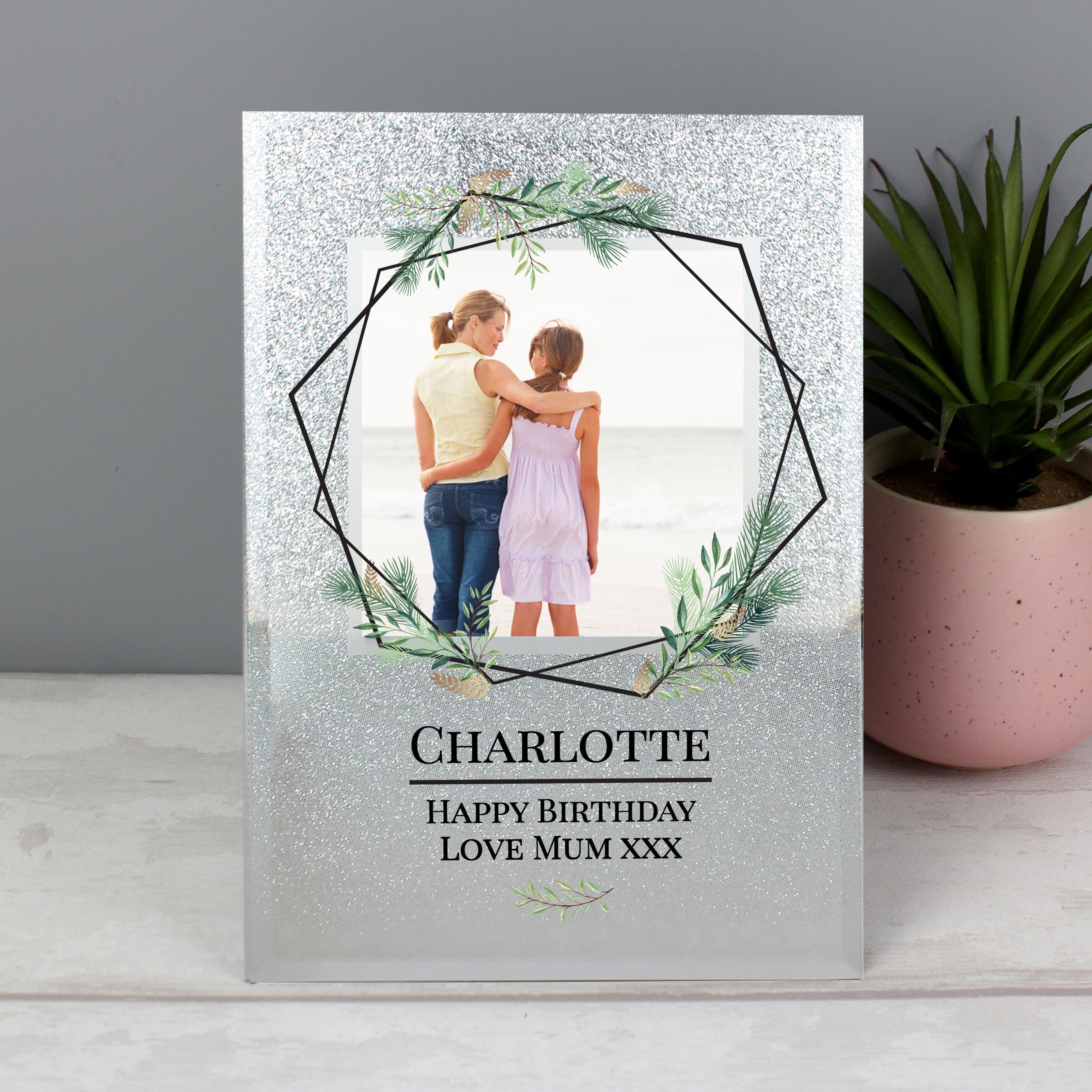 Personalised Geo Leaves 4x4 Inch Glitter Glass Photo Frame