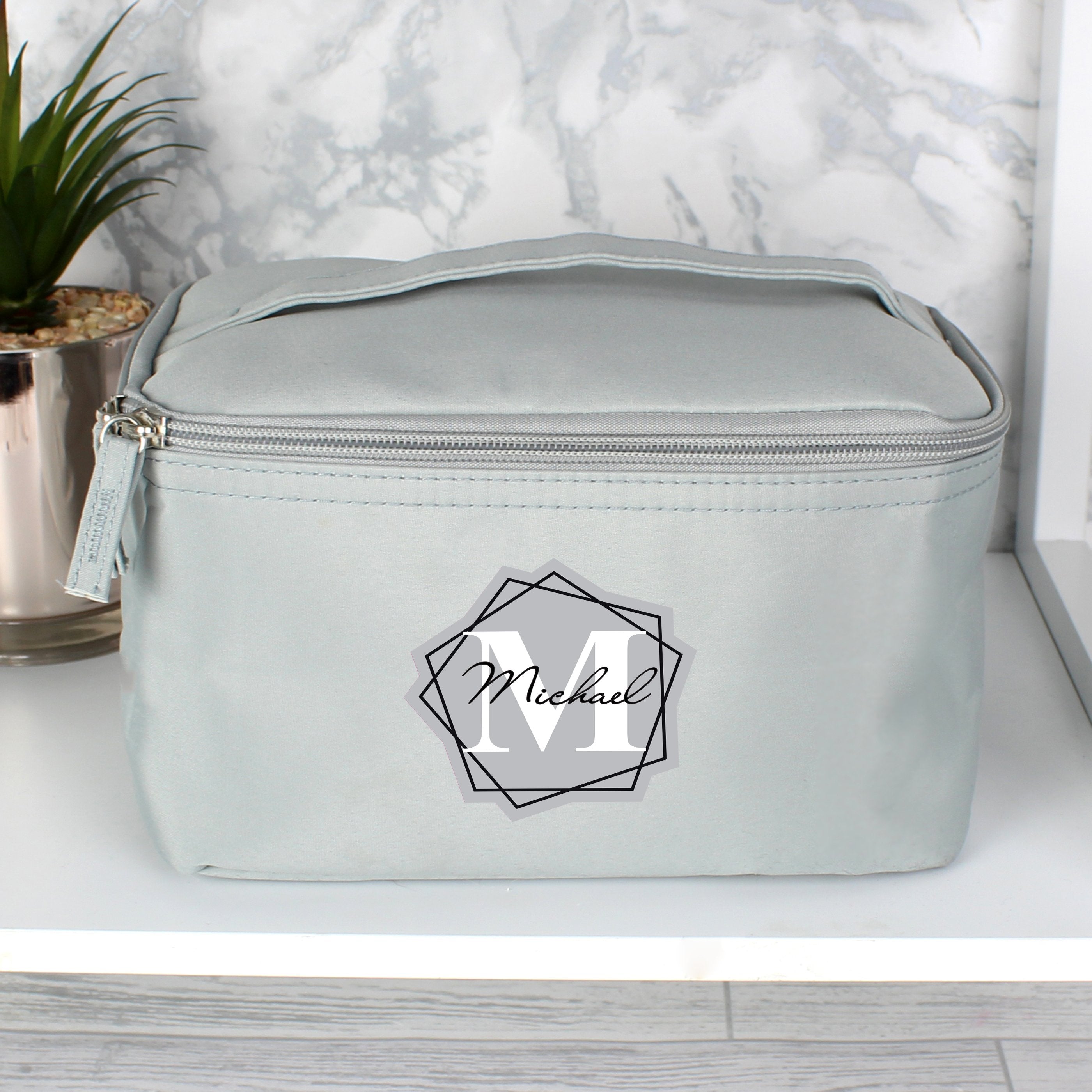 Personalised Geometric Initial Grey Vanity Bag