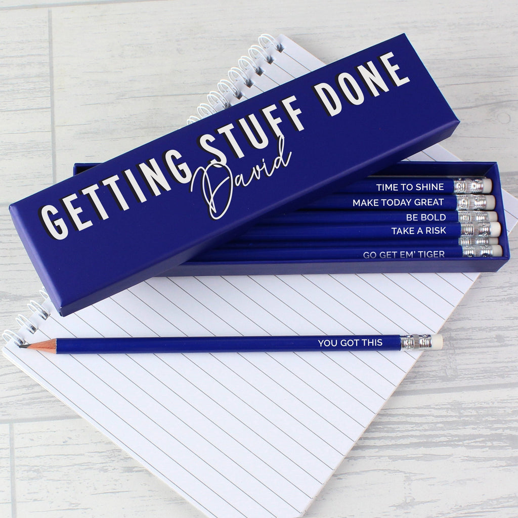 Personalised Getting Stuff Done Box And 12 Blue Hb Pencils