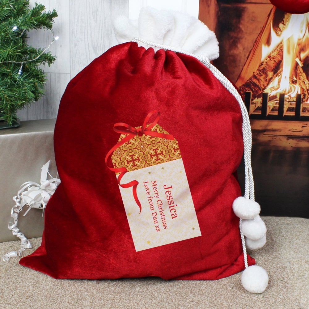 Personalised Gift Tag Luxury Pom Pom Red Children's Christmas Sack