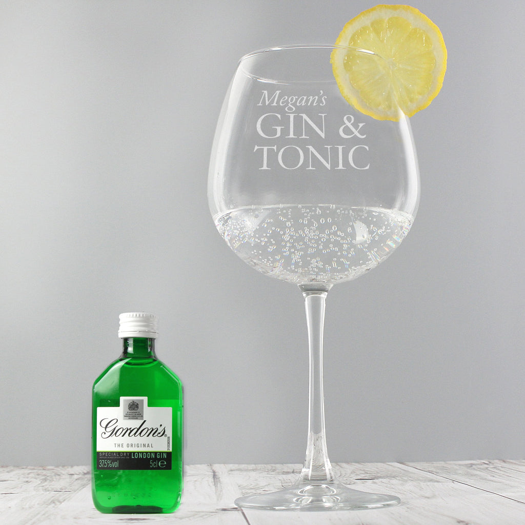 Personalised Gin & Tonic Balloon Glass With Gin Miniature Set