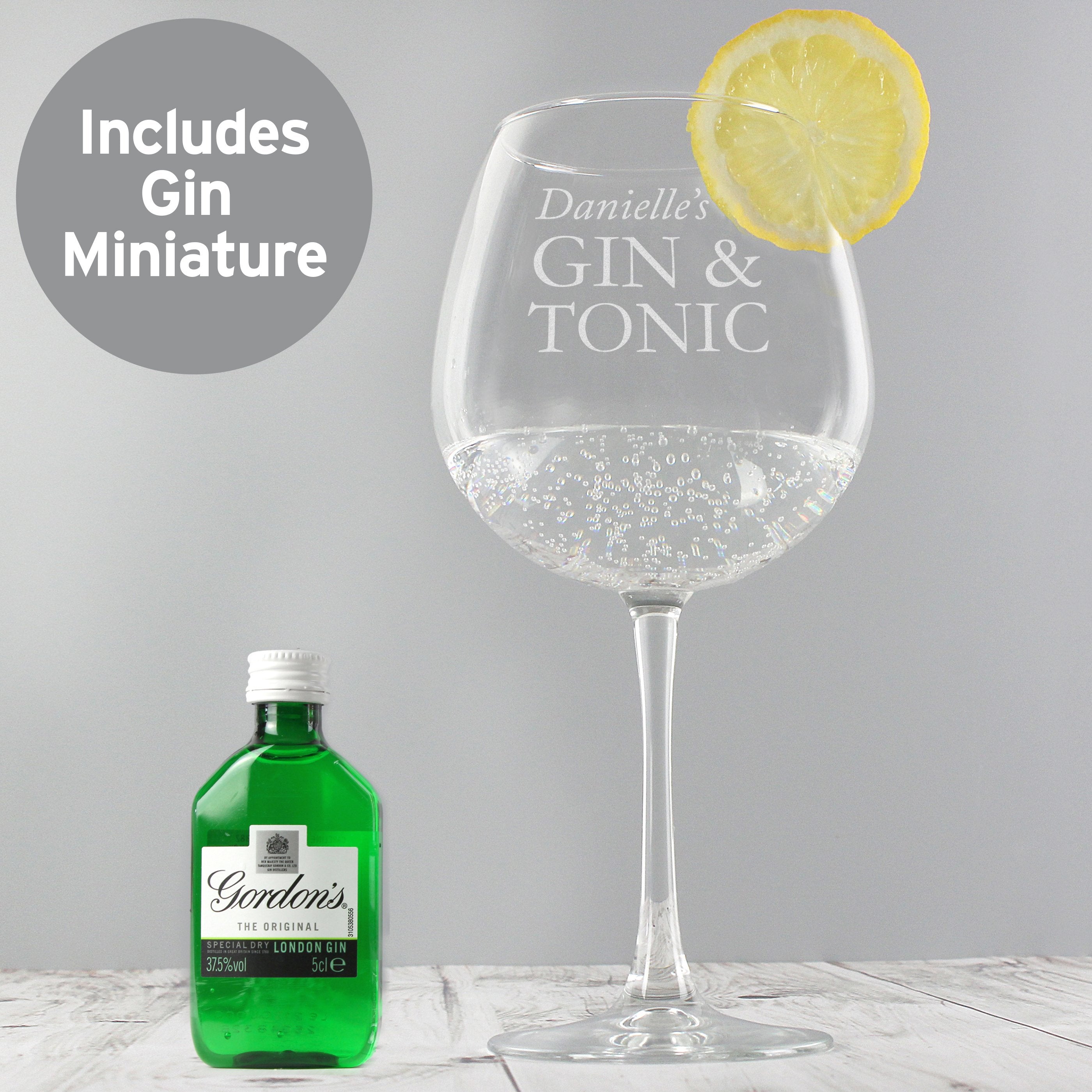Personalised Gin & Tonic Balloon Glass With Gin Miniature Set