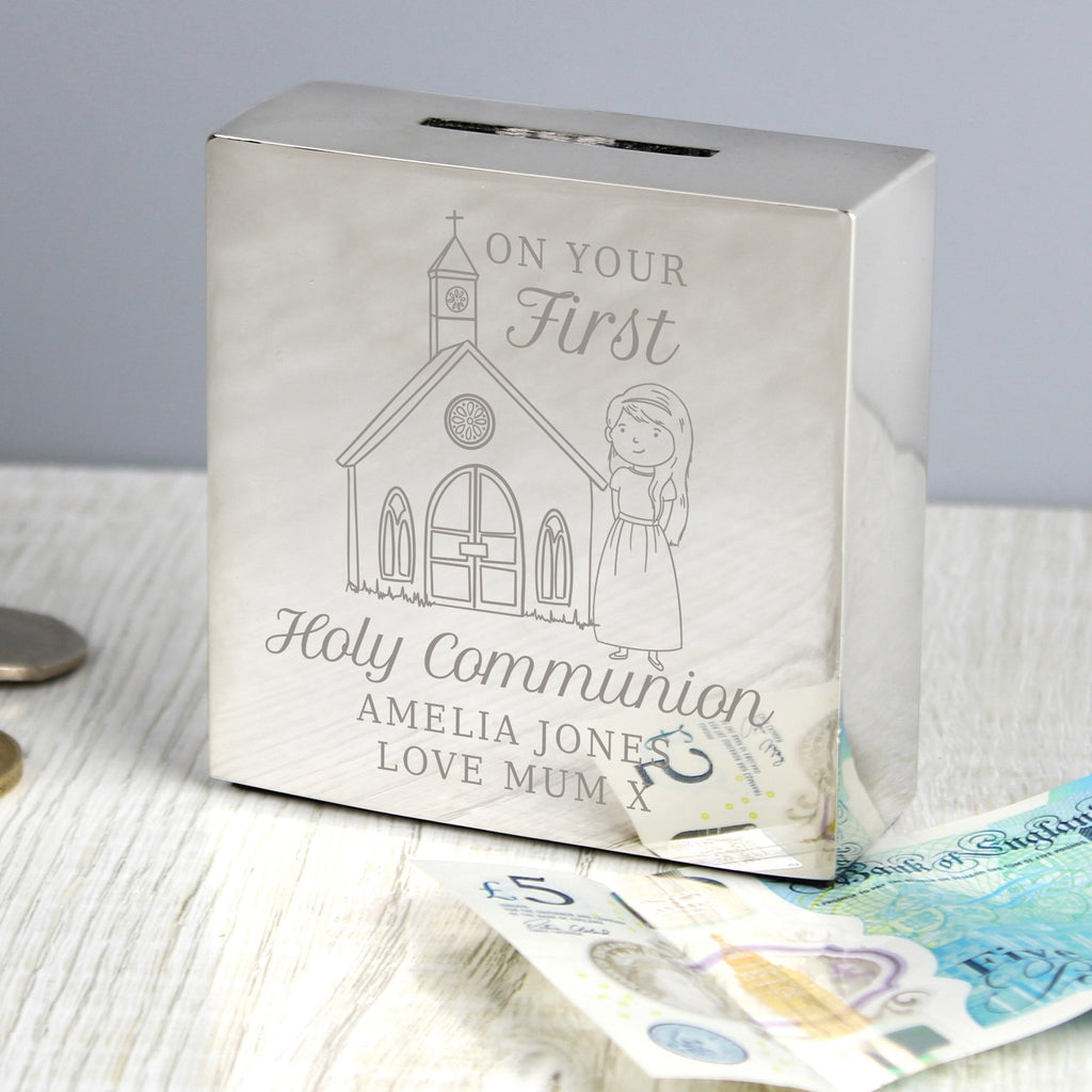 Personalised Girls First Holy Communion Square Money Box