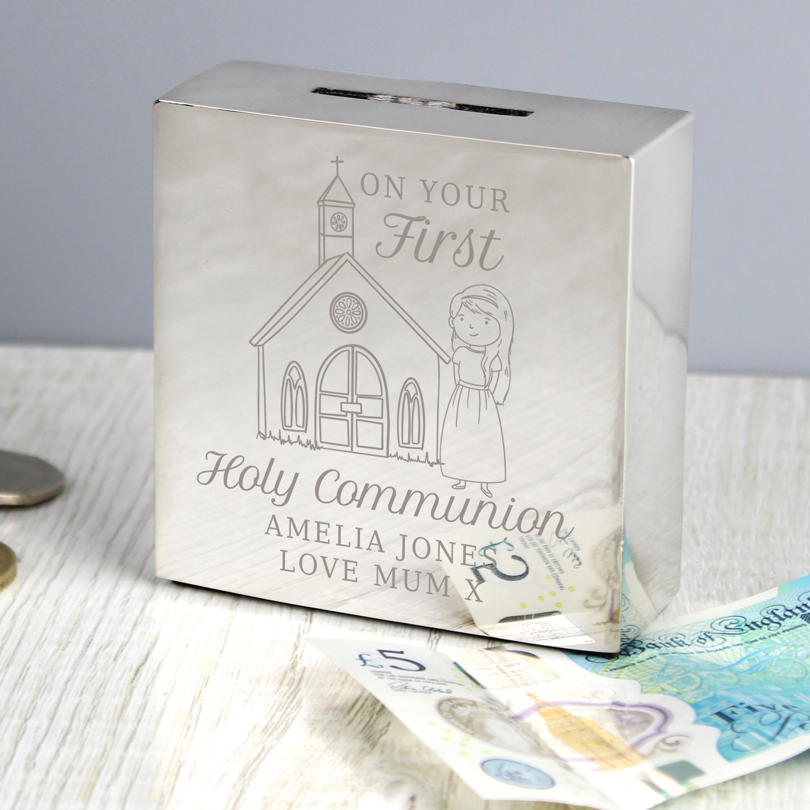 Personalised Girls First Holy Communion Square Money Box