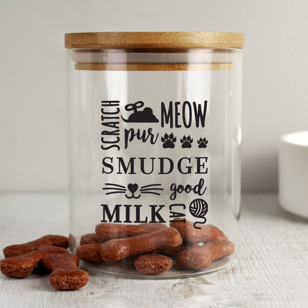Personalised Glass Cat Treat Jar With Bamboo Lid