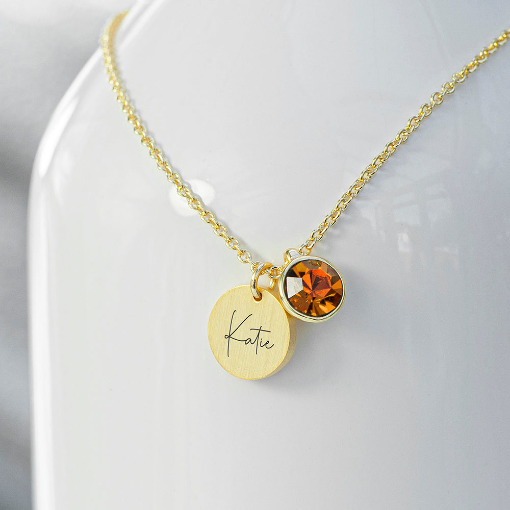 Personalised Personalised Gold Birthstone Crystal and Disc Necklace