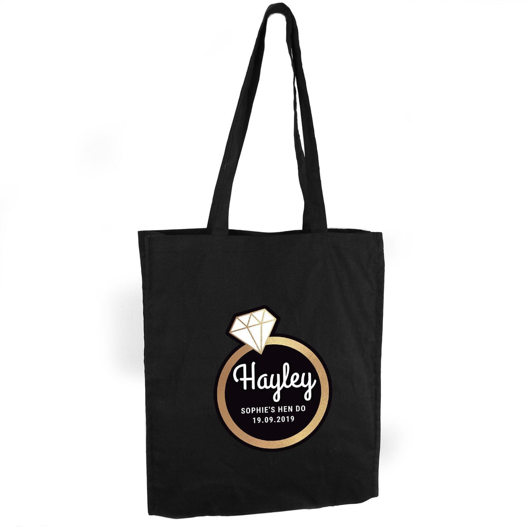 Personalised Gold Bling Ring Hen Party Black Cotton Bag