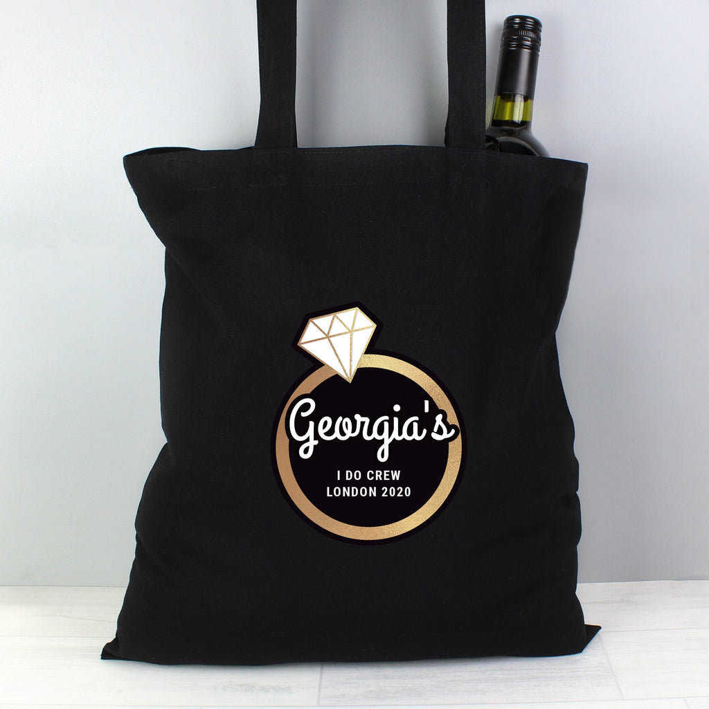 Personalised Gold Bling Ring Hen Party Black Cotton Bag