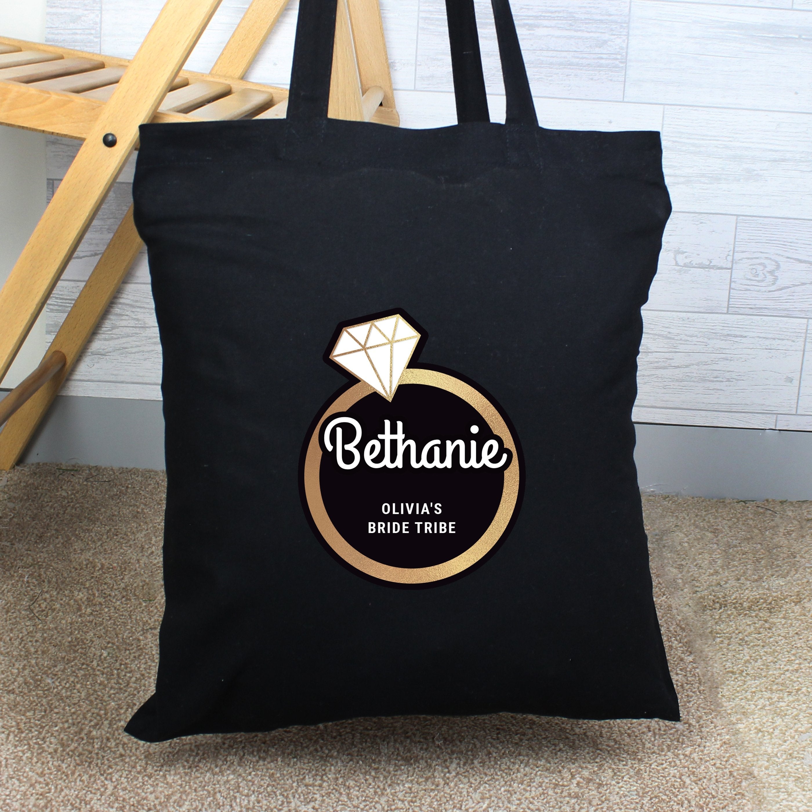 Personalised Gold Bling Ring Hen Party Black Cotton Bag