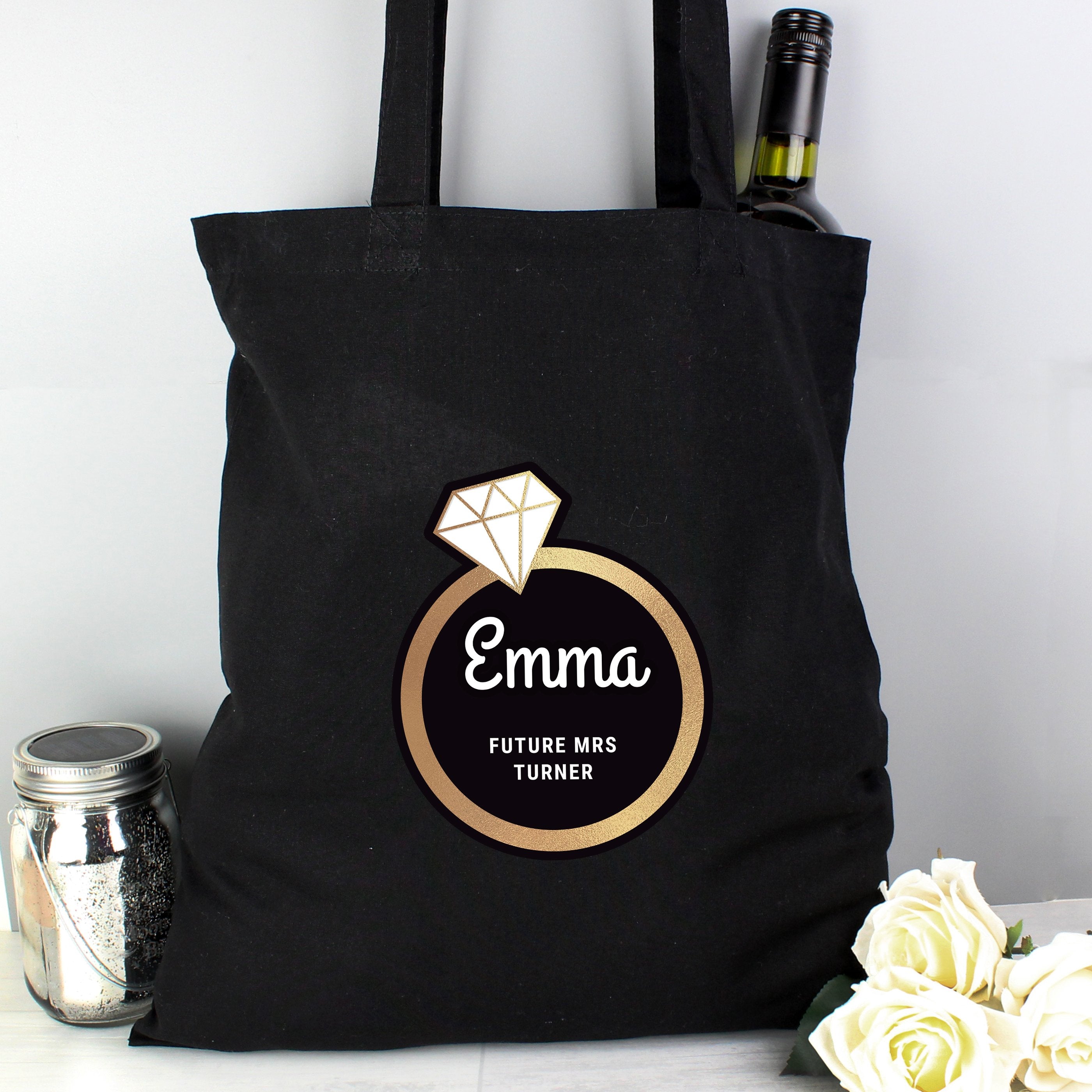 Personalised Gold Bling Ring Hen Party Black Cotton Bag