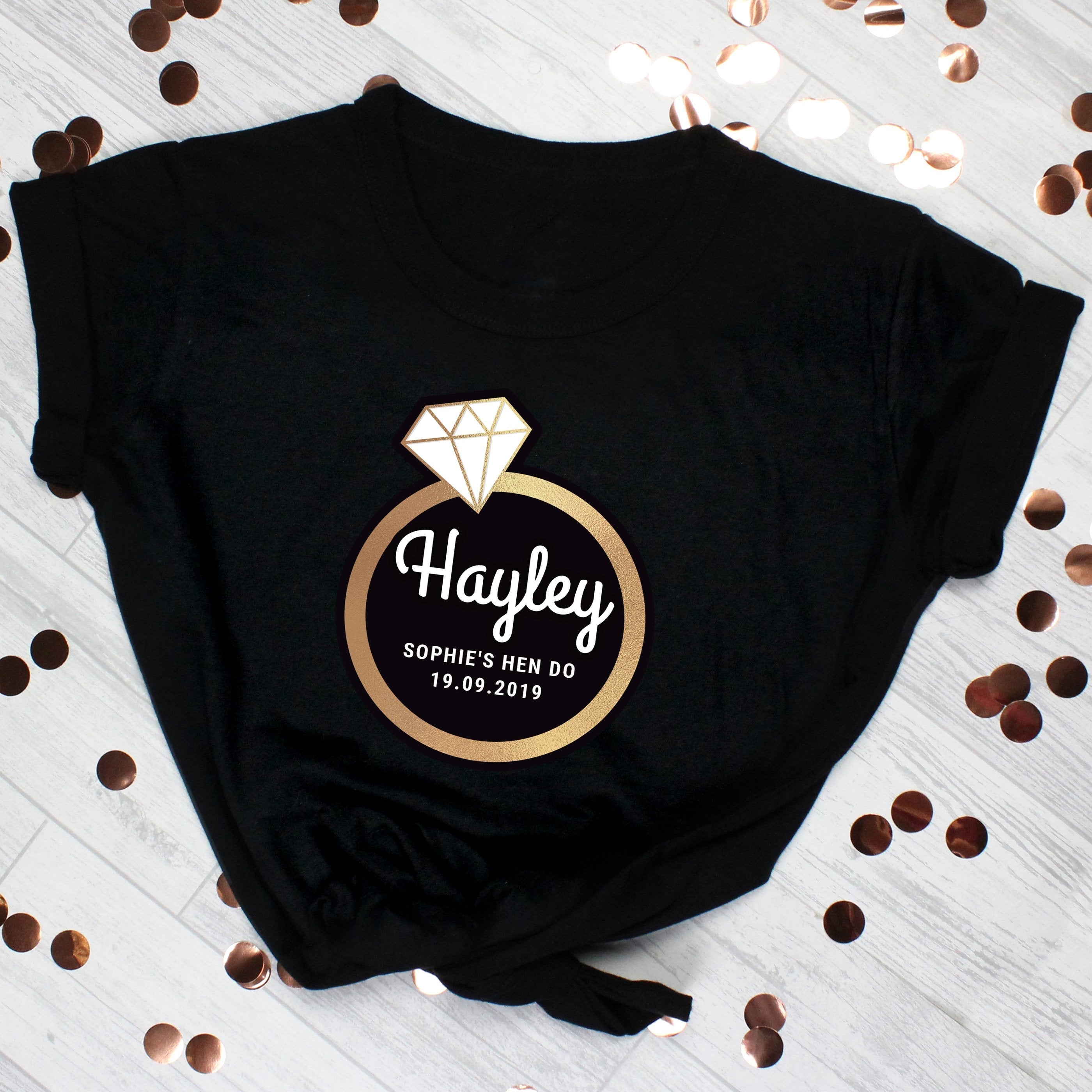 Personalised Gold Bling Ring Hen Party T-Shirt - Black Large