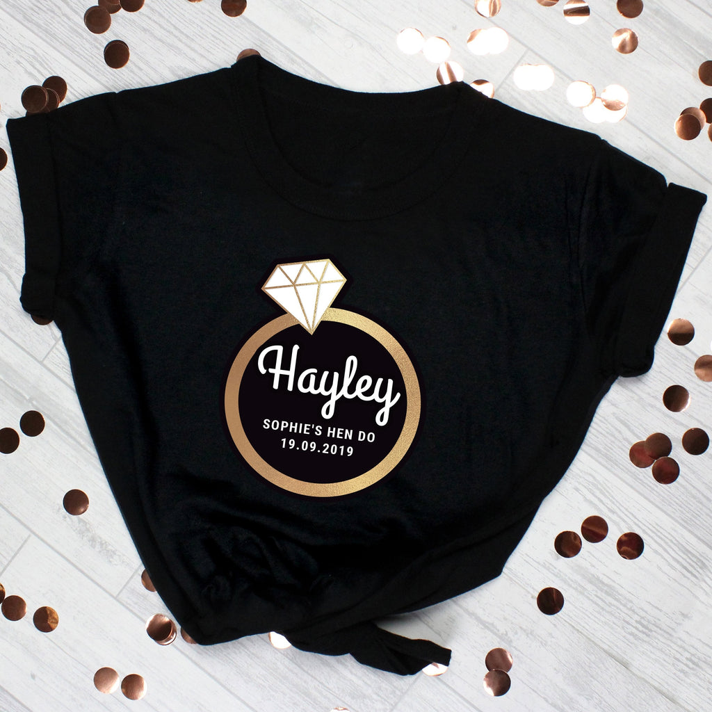Personalised Gold Bling Ring Hen Party T-Shirt - Black Medium